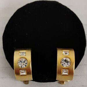 Gently Worn Gold Tone Clip-On Earrings with Rhinestone Accents – Small Size